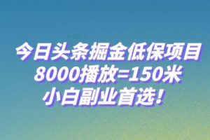 今日头条掘金低保项目，8000播放=150米，小白副业首选