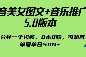 抖音美女图文+音乐推广5.0版本，单日单号500+，0本0粉可矩阵，五分钟一个视频
