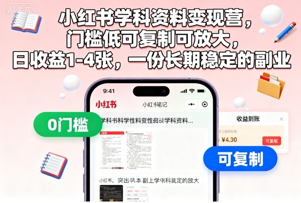 小红书学科资料变现营,门槛低可复制可放大,日收益100-400,一份长期稳定的副业