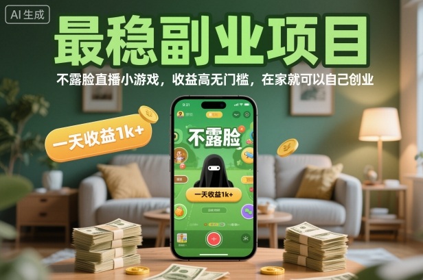最稳副业项目,不露脸直播小游戏,收益高无门槛,一天收益1k+,在家就可以自己创业