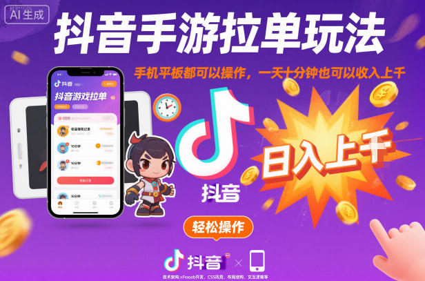 抖音手游拉单玩法,手机平板都可以操作,一天十分钟也可以收入上千