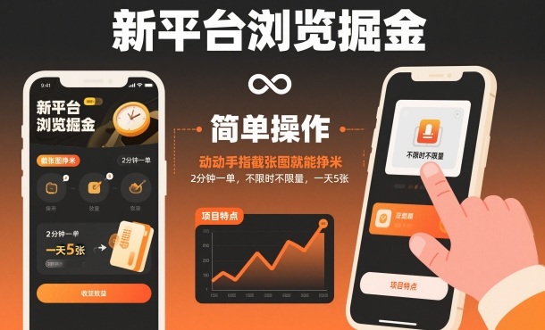 新平台浏览掘金，动动手指截张图就能挣米，2分钟一单，不限时不限量，一天500+