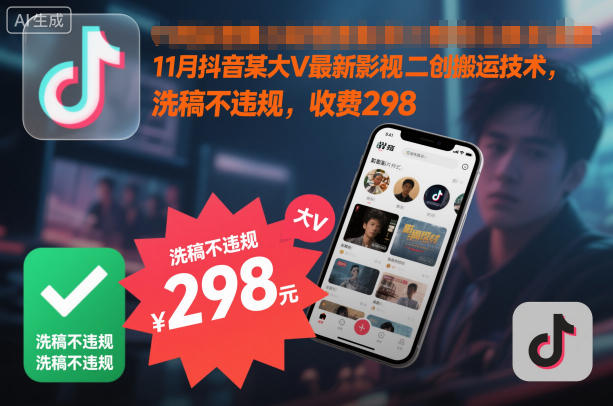 11月抖音某大V最新影视二创搬运技术，洗稿不违规，外面收费298