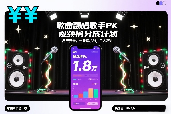 歌曲翻唱歌手PK视频撸分成计划，自带流量，一天两小时，日入200+