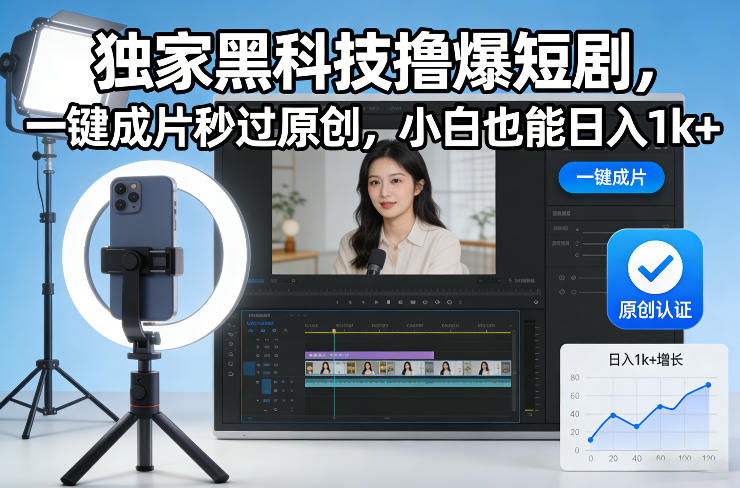 独家黑科技撸爆短剧，一键成片秒过原创，小白也能日入1k+