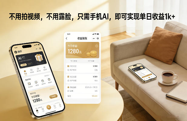 不用拍视频，不用露脸，只需手机AI，即可实现单日收益1k+