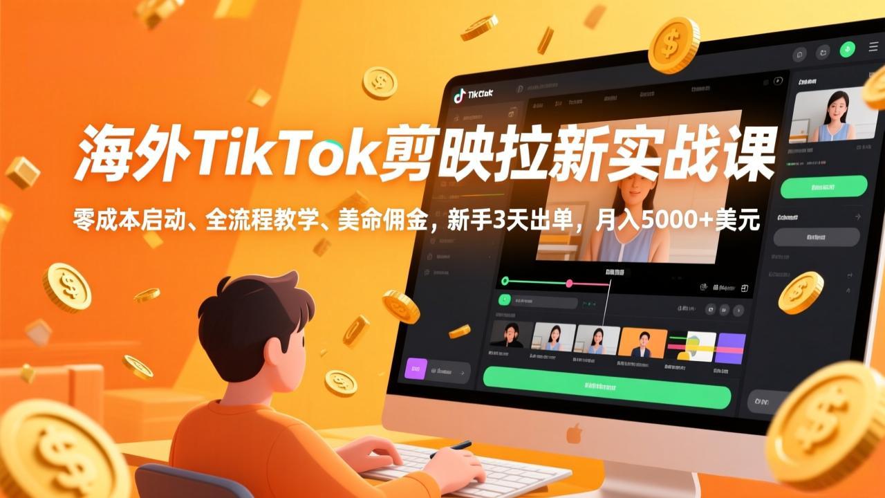 海外TikTok剪映拉新实战课,零成本启动、全流程教学、美金佣金,新手3天出单,月入5000+美元
