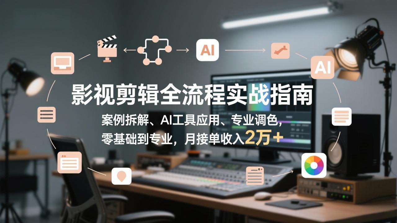 影视剪辑全流程实战指南,案例拆解、AI工具应用、专业调色,零基础到专业,月接单收入2万+