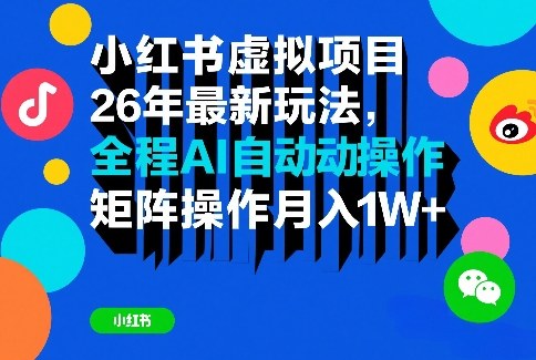 小红书虚拟项目26年最新玩法,全程AI自动操作,矩阵操作月入1W+