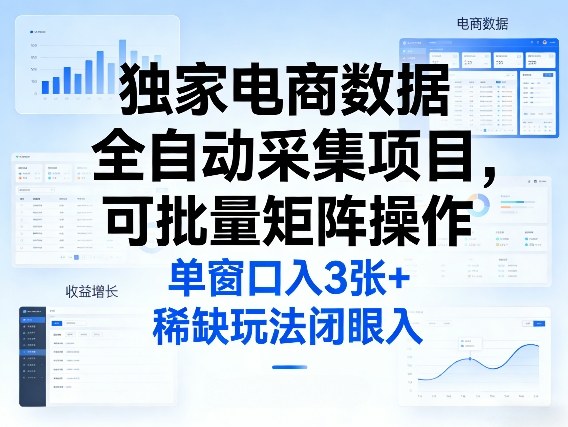 独家电商数据全自动采集项目，可批量矩阵操作，单窗口日入3张+，稀缺玩法闭眼入