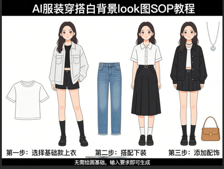 AI服装穿搭白背景look图SOP教程，不用会画画，提几句具体要求，AI就能还你一个奇迹