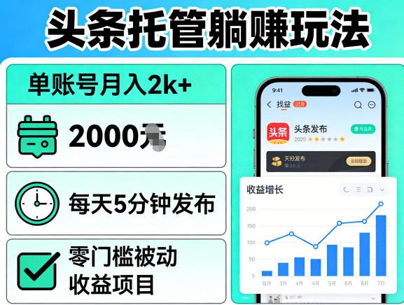 头条托管躺賺玩法，单账号月入2k+，每天5分钟发布即可，零门槛被动收益项目