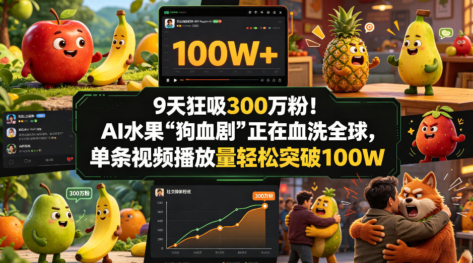 9天狂吸300w粉！AI水果“狗血剧”正在血洗全球，单条视频播放量轻松突破100W