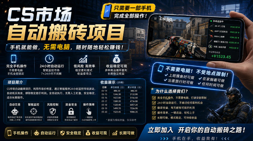 手机即可操作的CS市场自动搬砖系统｜自动监控｜自动下单|日入300+