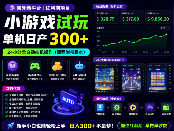 海外新平台，小游戏试玩，单机日产300+，24小时全自动挂G操作（课程附带脚本）