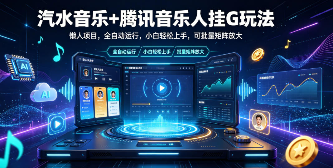 汽水音乐+腾讯音乐人挂G玩法，懒人项目，全自动运行，小白轻松上手，可批量矩阵放大