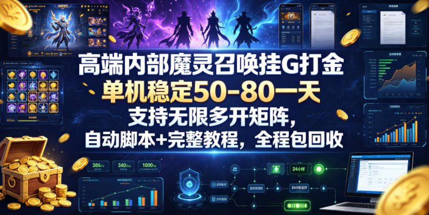高端内部魔灵召唤挂G打金，单机稳定50-80一天，支持无限多开矩阵，自动脚本+完整教程，全程包回收