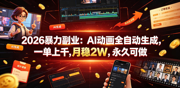 2026暴力副业：AI动画全自动生成，一单上千，月稳2W，永久可做