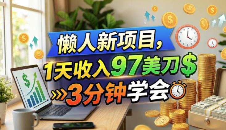 懒人新项目，1天收入97美刀，3分钟学会，长久挣美金