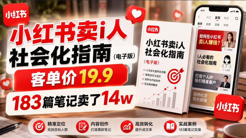 小红书卖I人社会化指南（电子版），客单价19.9，183篇笔记卖了14w