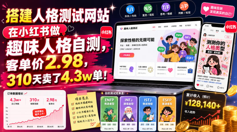搭建人格测试网站在小红书做趣味人格自测，客单价2.98，310天卖了4.3w单
