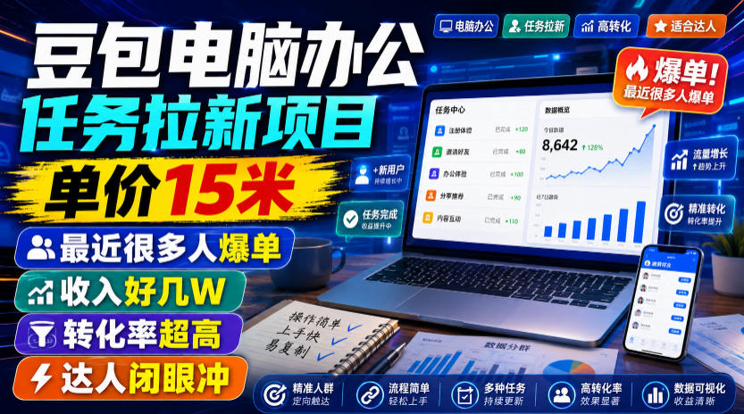 豆包电脑办公任务拉新项目，单价15米，最近很多人爆单，收入好几W，转化率超高，达人闭眼冲