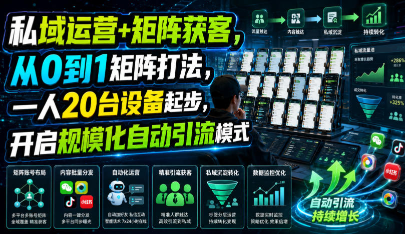私域运营+矩阵获客，从0到1矩阵打法，一人20台设备起步，开启规模化自动引流模式