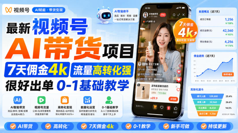 最新视频号AI带货项目，7天佣金4k，流量高转化强，很好出单，0-1基础教学