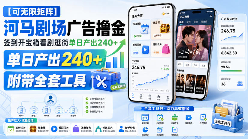 【可无限矩阵】河马剧场广告撸金，签到开宝箱看剧逛街单日产出240+，附带全套工具