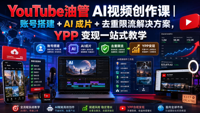 YouTube油管AI视频创作课｜账号搭建+AI成片+去重限流解决方案，YPP变现一站式教学（更新0817）