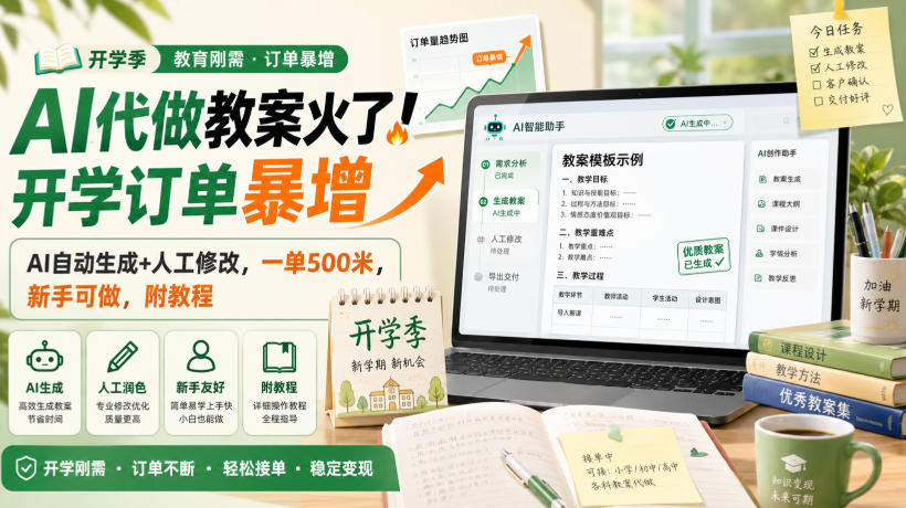 AI代做教案火了！开学订单暴增，AI自动生成+人工修改，一单500米，新手可做，附教程
