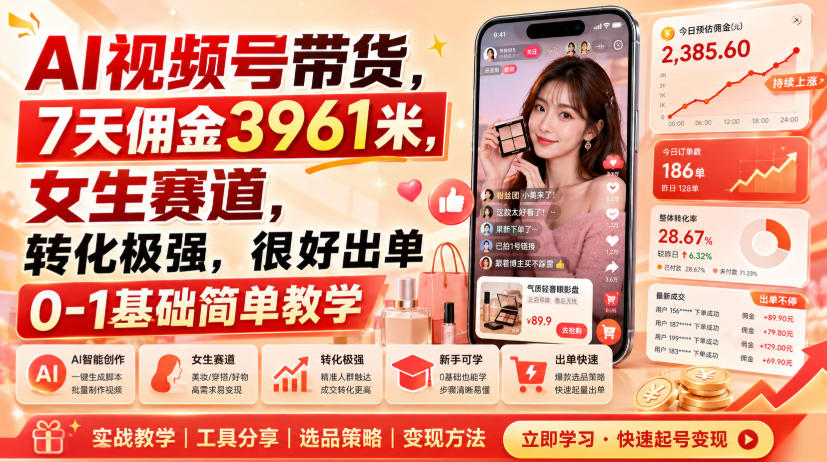 AI视频号带货，7天佣金3961米，女生赛道，转化极强，很好出单0-1基础简单教学