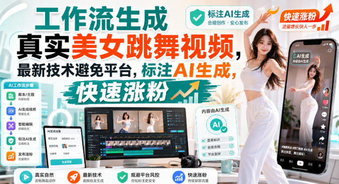 工作流生成真实美女跳舞视频，最新技术避免平台，标注AI生成，快速涨粉
