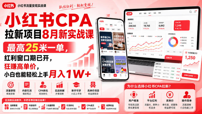 小红书CPA拉新项目8月新实战课，最高25米一单，红利窗口期已开，狂賺高单价，小白也能轻松上手月入1W+（更新0827）