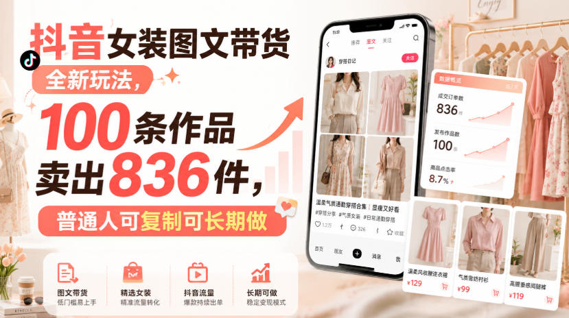 抖音女装图文带货全新玩法，100条作品卖出836件，普通人可复制可长期做