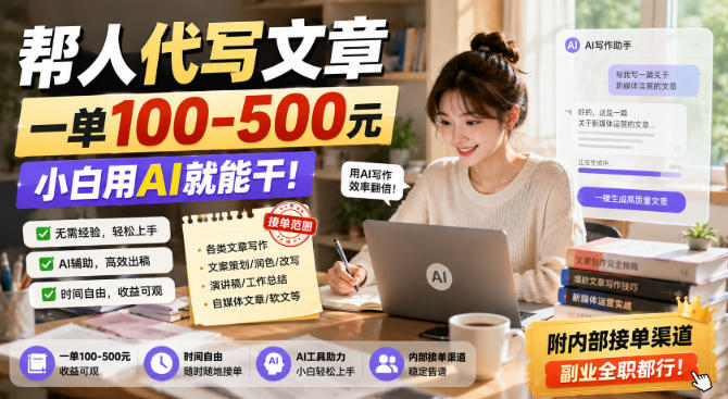 帮人代写文章，一单100-500，小白用AI就能干，附内部接单渠道，副业全职都行