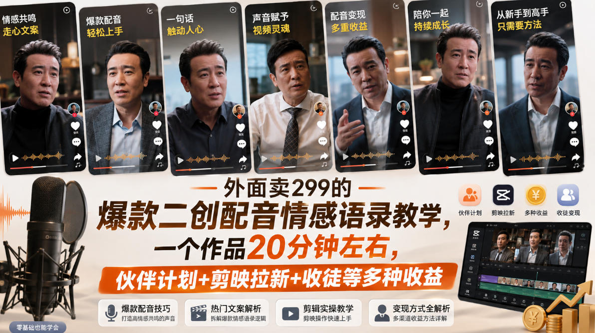 外面卖299的爆款二创配音情感语录教学，一个作品20分钟左右，伙伴计划+剪映拉新+收徒等多种收益（更新）