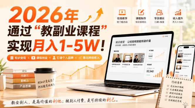 2026年通过“教副业课程”实现月入1-5W！毫无保留的全部教给你，长期稳定