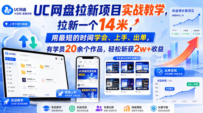 UC网盘拉新项目实战教学，拉新一个14米，用最短的时间学会、上手、出单，有学员20余个作品，轻松斩获2w+收益（更新0908）