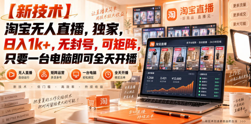 【独家新技术】淘宝无人直播，日入1k+，无封号，可矩阵，只要一台电脑即可全天开播