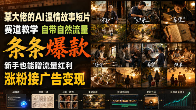 某大佬的AI温情故事短片赛道教学，自带自然流量，条条爆款，新手也能蹭流量红利，涨粉接广告变现（更新）