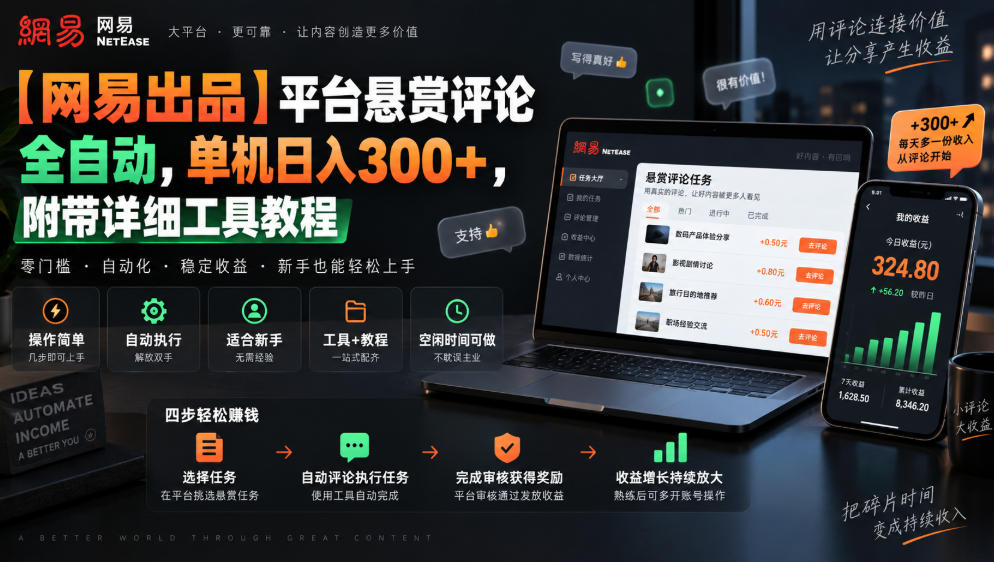 【网易出品】平台悬赏评论全自动，单机日入300+，附带详细工具教程