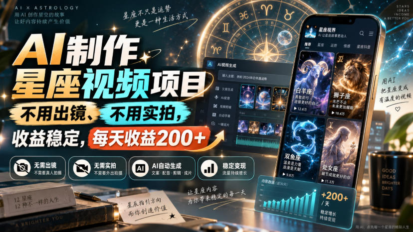 AI制作星座视频项目，不用出镜、不用实拍，收益稳定，每天收益200+