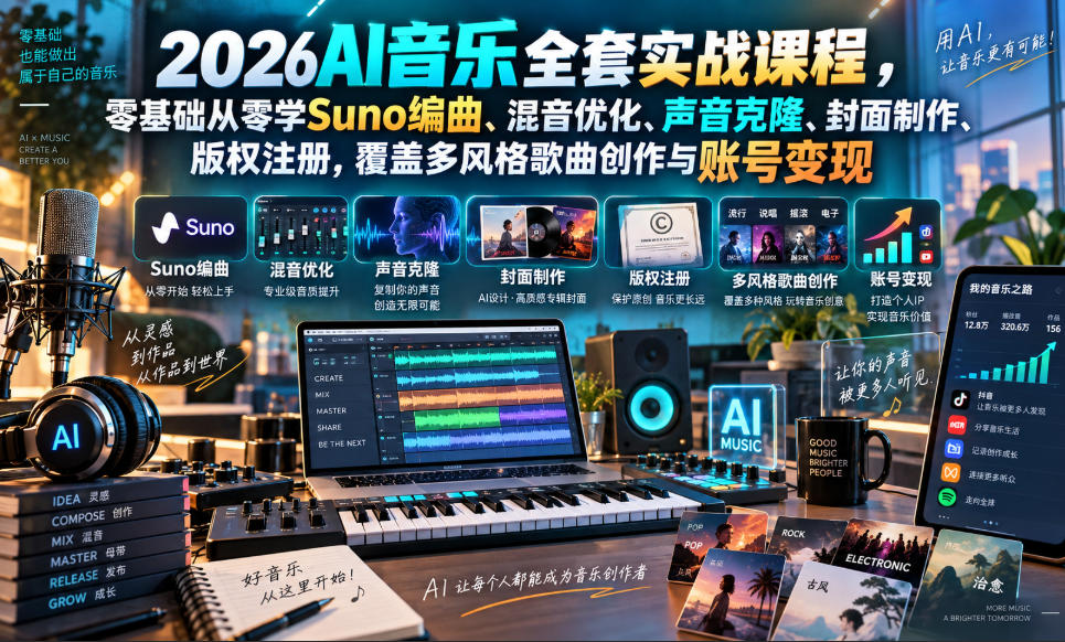 Suno AI音乐实战课：编曲、混音、声音克隆到版权发行