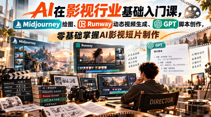 AI在影视行业基础入门课，Midjourney绘图、Runway动态视频生成、GPT脚本创作，零基础掌握AI影视短片制作
