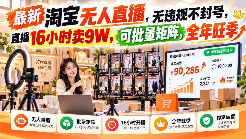 最新淘宝无人直播，无违规不封号，直播16小时卖9W，可批量矩阵，全年旺季