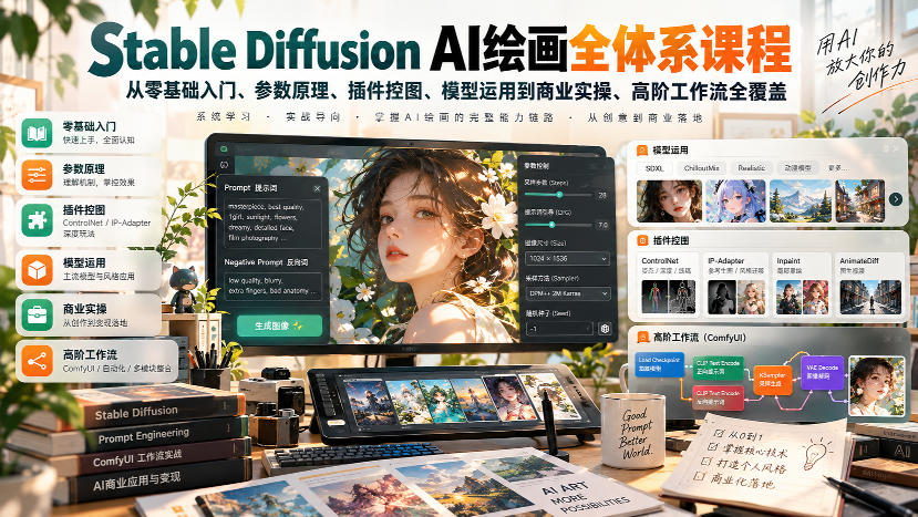 Stable Diffusion AI绘画全体系课程，从零基础入门、参数原理、插件控图、模型运用到商业实操、高阶工作流全覆盖