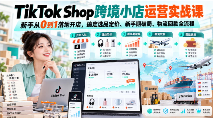 TikTok Shop跨境小店运营实战课，新手从0到1落地开店，搞定选品定价、新手期破局、物流回款全流程