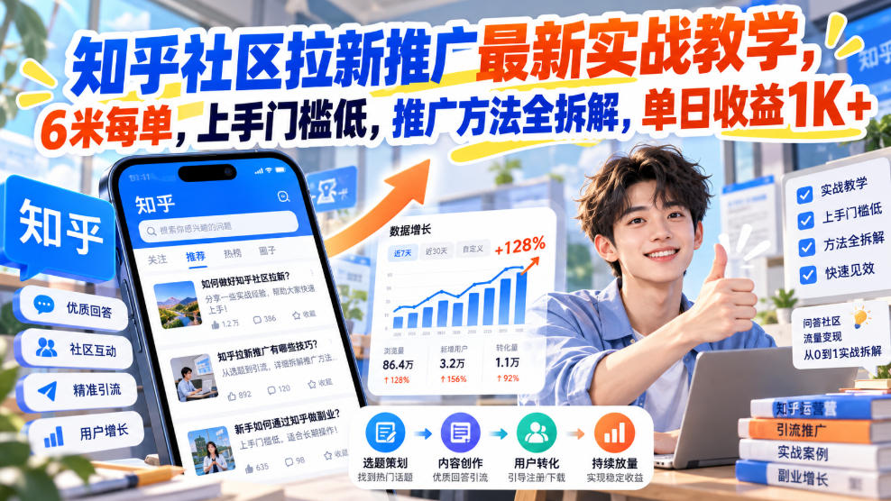 知乎社区拉新推广最新实战教学，6米每单，上手门槛低，推广方法全拆解，单日收益1K+！（更新0930）