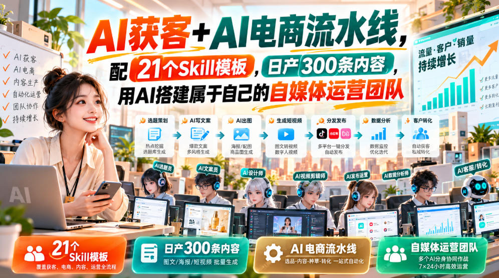 【无水印】AI获客+AI电商流水线，配21个Skill模板，日产300条内容，用AI搭建属于自己的自媒体运营团队（更新0930）